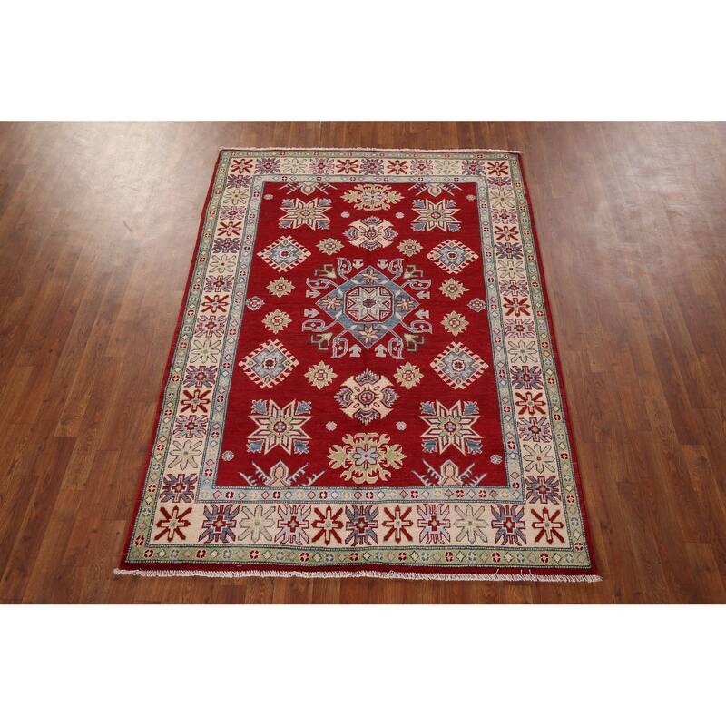 Red Geometric Kazak Rug Hand-Knotted Traditional Wool Carpet - 5'0" x 7'0"