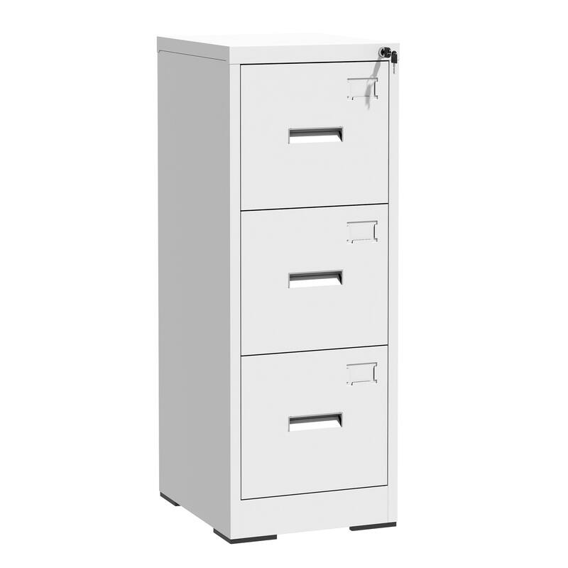 Modern Narrow File Cabinet Vertical Filing Cabinet with 3 Drawers, Locks and Card Slots, for Home Office, White