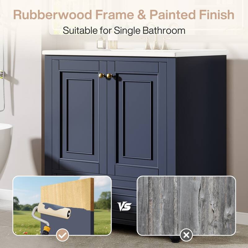 Modern Freestanding Solid Wood Bathroom Vanity with Ceramic Sink, Adjustable Shelf Storage