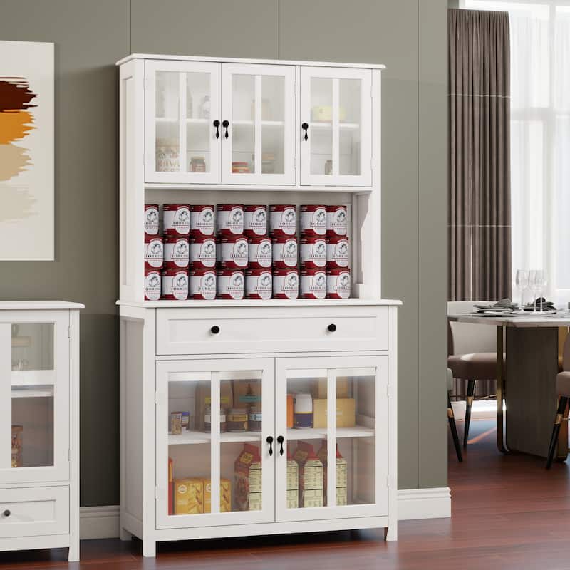 Kitchen Pantry Cabinet with 1 Large Drawer, Buffet Cabinet with Microwave Oven Countertop, Cabinet with Adjustable Shelves