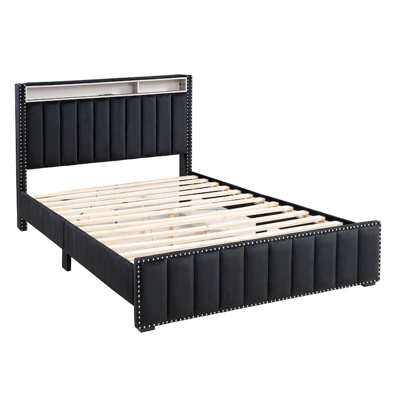 Modern Black Solid Wood Bed Frame with Open Compartments