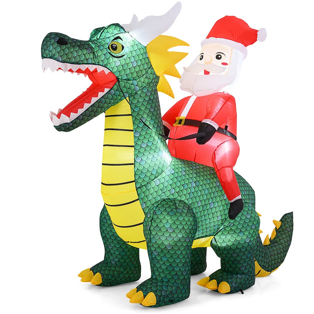 6.7 FT Santa Riding Dinosaur Inflatable Christmas Decoration with LED Lights and Blower - 6.7 ft x 3 ft x 6 ft