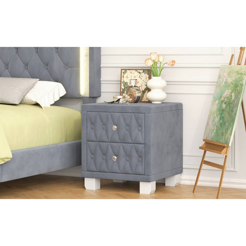 Elegant Velvet Nightstand with 2 Drawers and Crystal Handle, Storage Bedside Table with Button-Tufted