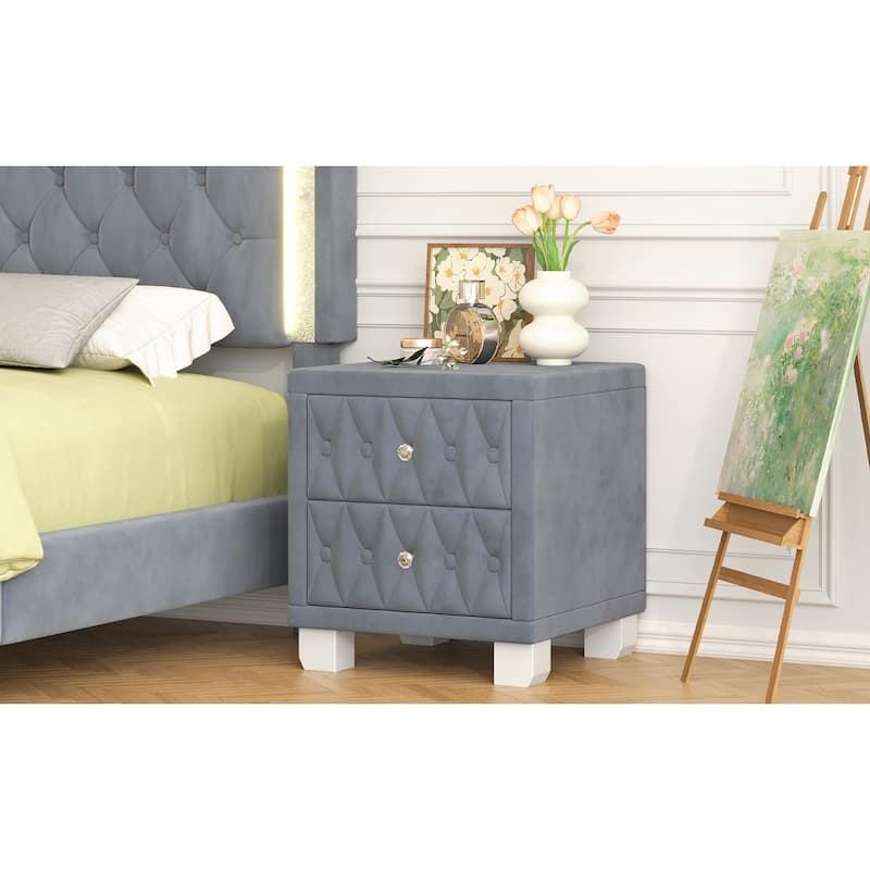 Roomfitters Elegant Velvet Nightstand with 2 Drawers and Crystal Handle, Tufted Storage Bedside Table
