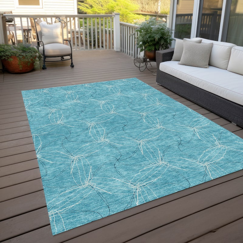 Machine Washable Indoor/ Outdoor Abstract Contemporary Chantille Rug - Aqua - 5' x 7'6"