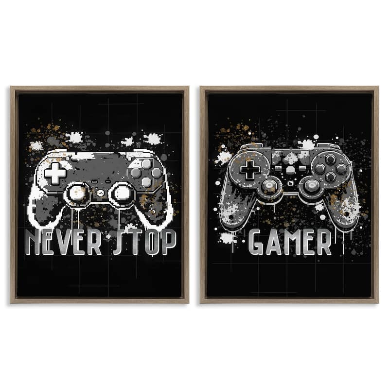 Stupell Modern Gamer Controller Phrases Framed Floater Canvas Wall Art Design By Kim Allen (Set of 2) - 25 x 31 - Brown