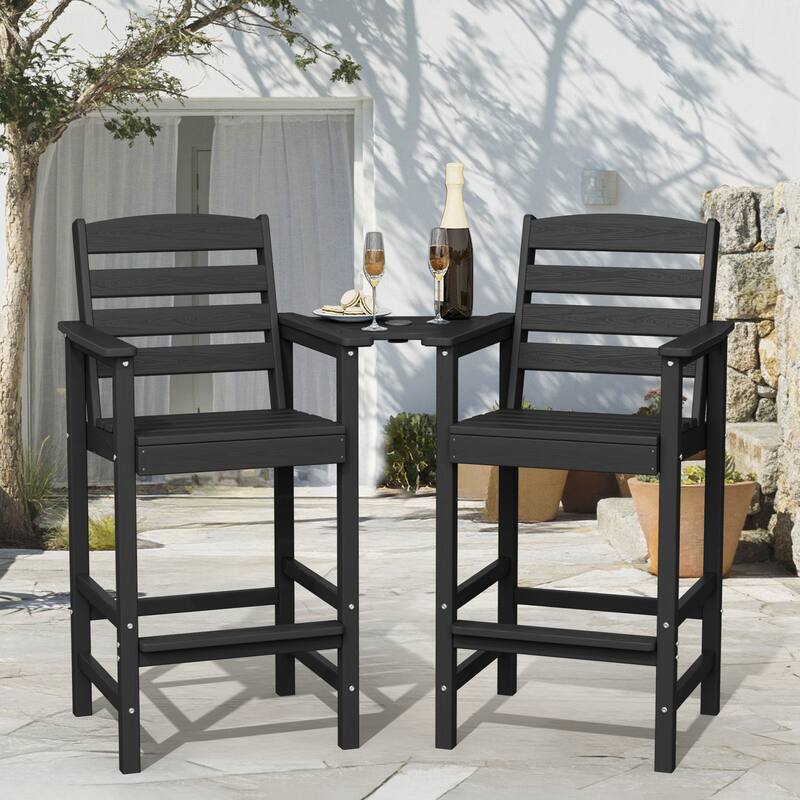 HDPE 2-Piece High Bar Stool Set with Umbrella-Compatible Connecting Panel