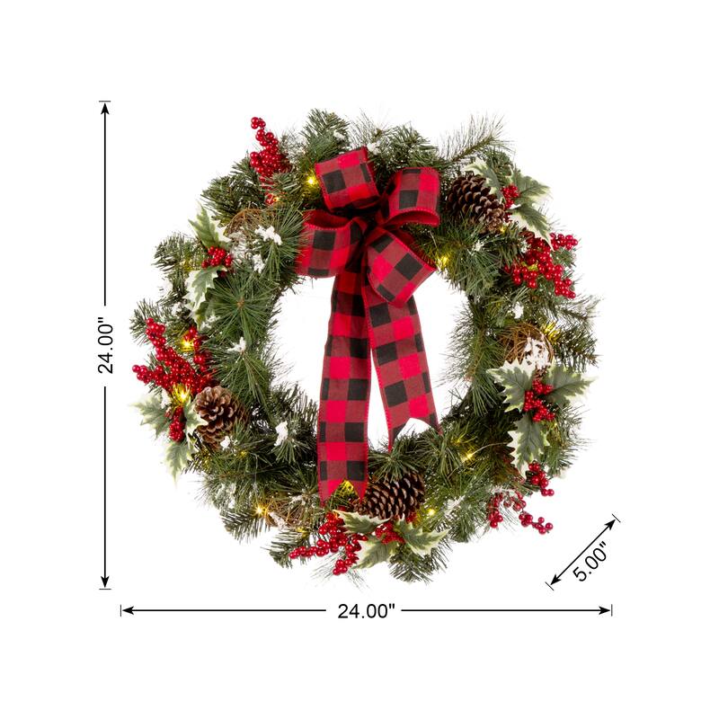 Glitzhome 24"D Snow Berry Twig Ball Pinecone Holly Pine Wreath with Lights & Timer