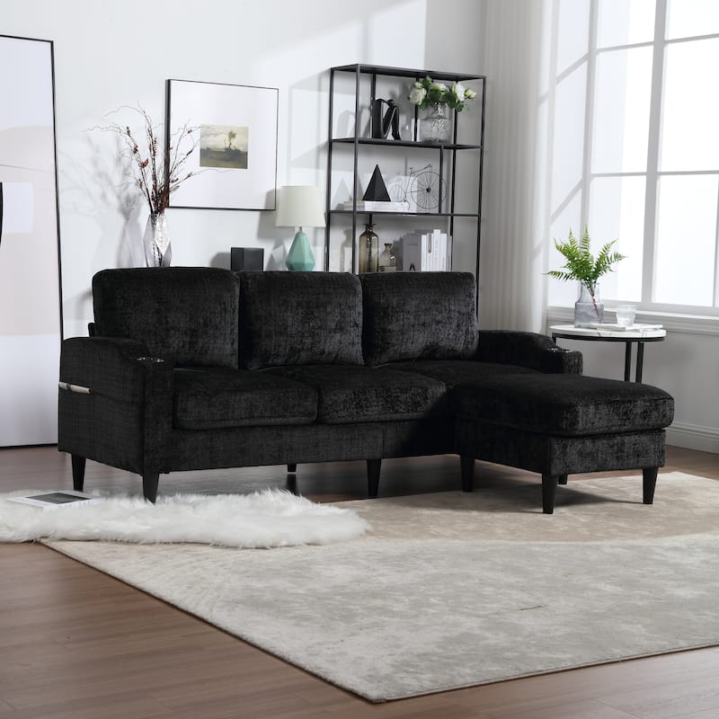 Modular Sectional Sofa with Storage Ottoman, Comfy Chenille Fabric Sofa, 3-Seater Sofa with Side Pockets & 2 Cup Holders