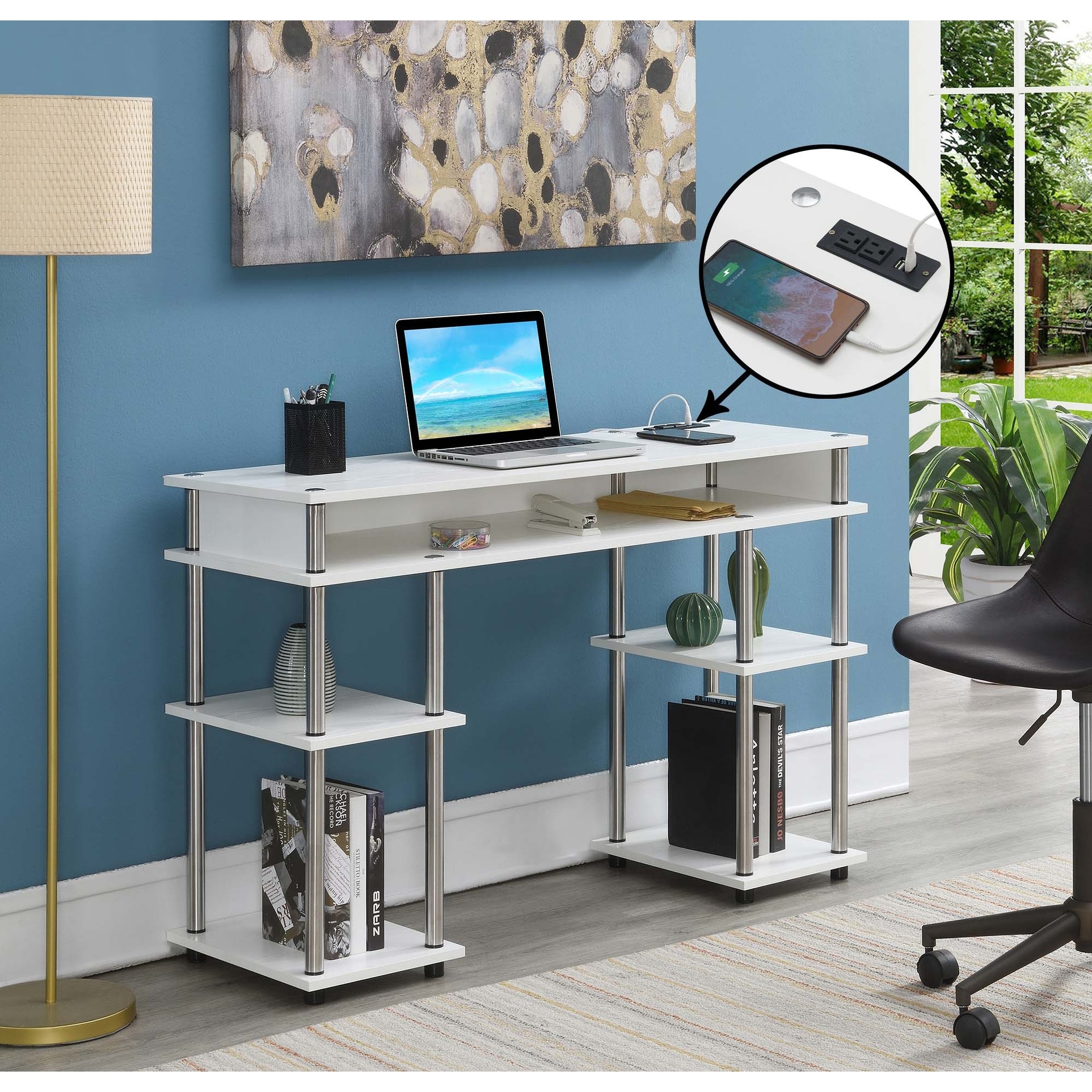 Convenience Concepts Designs2Go No Tools Student Desk with Charging Station and Shelves