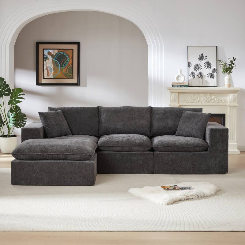 L Shaped Sectional Sofa with Ottoman, Oversized Chenille Upholstered Cloud Sofa, High-Density Sponge 4 Seater Sofa