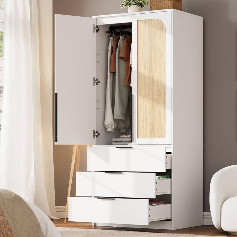 69.5" Armoire Wardrobe Closet with Rattan Doors, 3 Drawers & Hanging Rod, Wooden Storage Cabinet for Bedroom