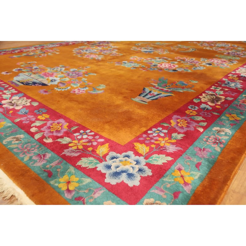Vegetable Dye Art Deco Nichols Chinese Vintage Large Wool Carpet - 10'10" x 17'6" - Orange - 10'10" x 17'6"