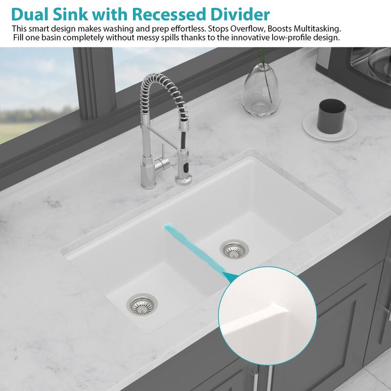 Undermount Double Bowl Quartz Kitchen Sink in White - 33'' x 19'' x 9.65''