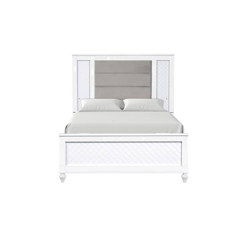 Livorno White Wood Frame Bed with LED Headboard - Queen