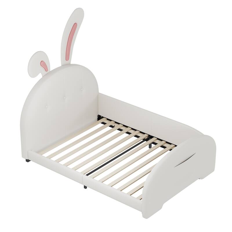 Twin Size Rabbit-Shaped Upholstered Princess Bed with Headboard and Footboard, White