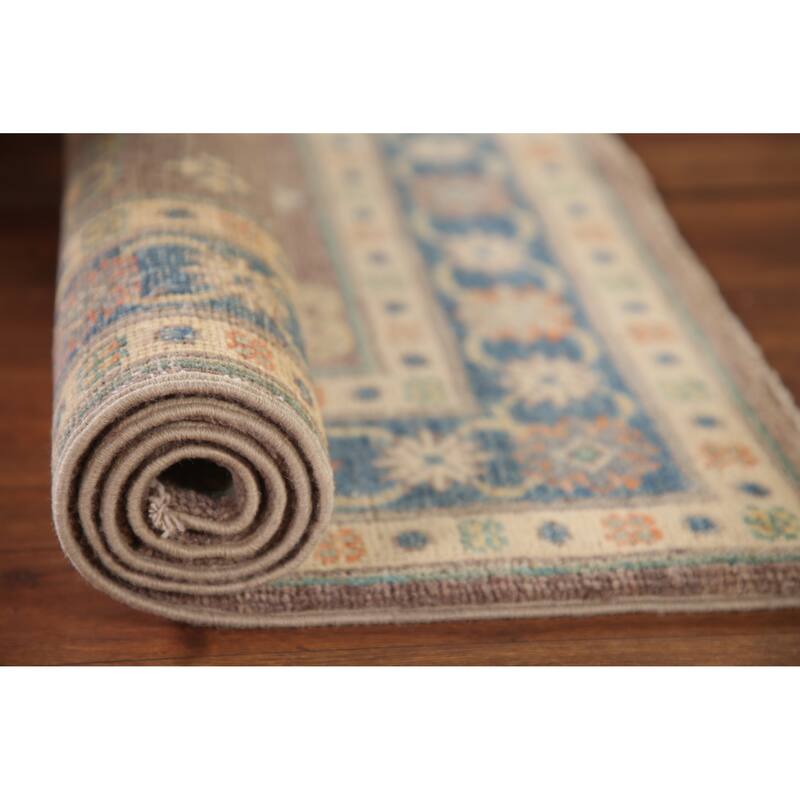 Geometric Kazak Oriental Accent Rug Hand-Knotted Beige Wool Carpet - 2'8"x 3'10"