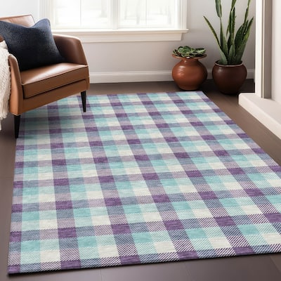 Machine Washable Indoor/ Outdoor Plaid Chantille Rug