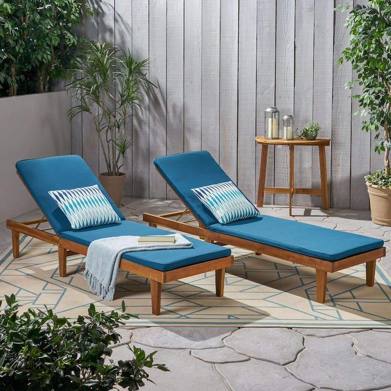 Nadine Outdoor Modern Cushioned Acacia Chaise Lounges (Set of 2) by Christopher Knight Home - Teak Finish + Blue Cushion