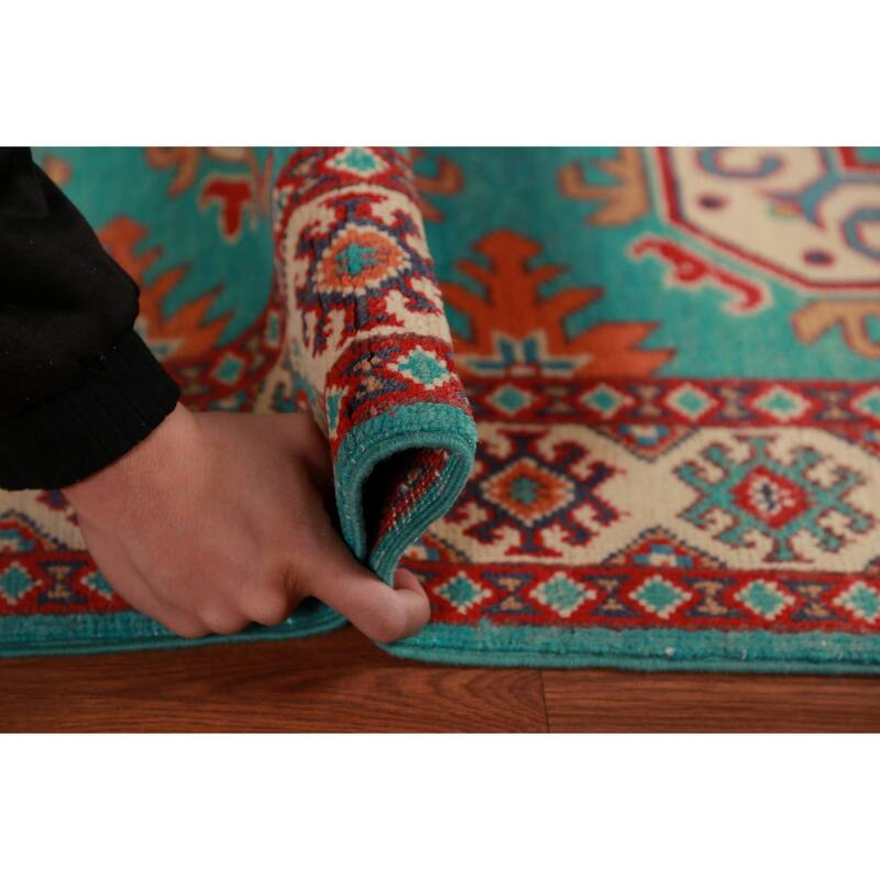Turquoise / Green Kazak Foyer Rug Geometric Handmade Wool Carpet - 2'9"x 4'0"