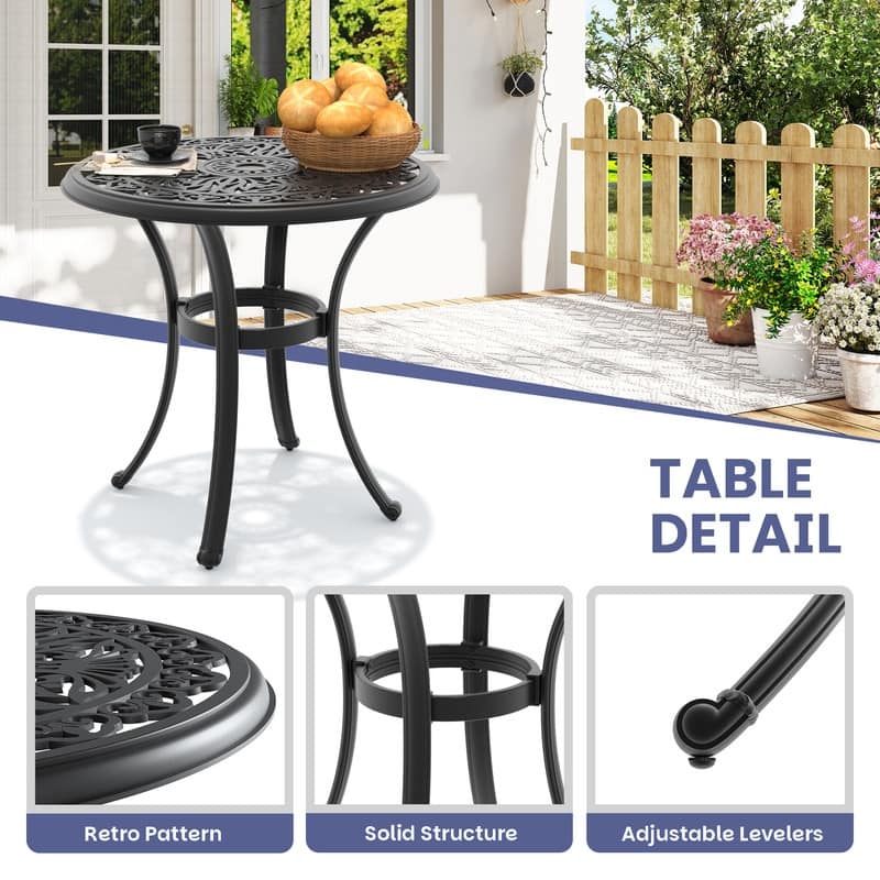 26.77 inch Black Round Cast Aluminum Patio Table with Umbrella Hole & Retro Design
