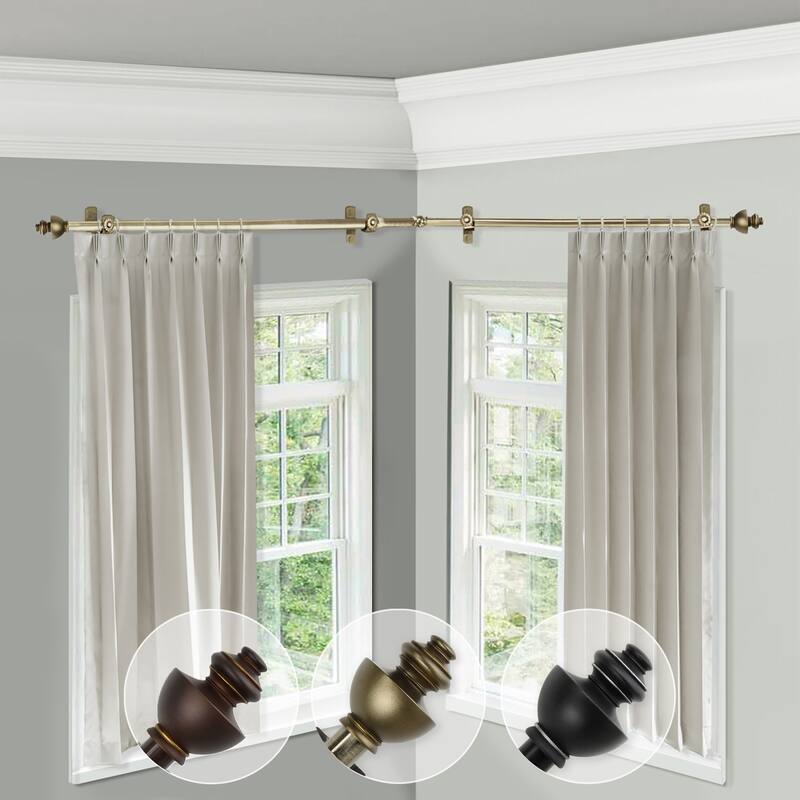 Victorian Corner Curtain Rod - Antique Brass Adjustable Rod 120-170" - Elegant Bay Window Drapery Rod - M