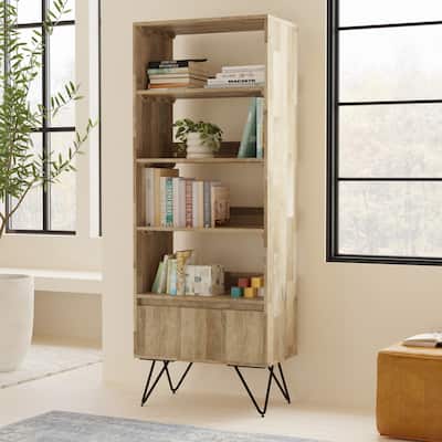 WYNDENHALL Moreno SOLID MANGO WOOD and Metal 64 x 24 inch Rectangle Modern Tall Bookcase in Natural -  14"d x 24"w x 64"h