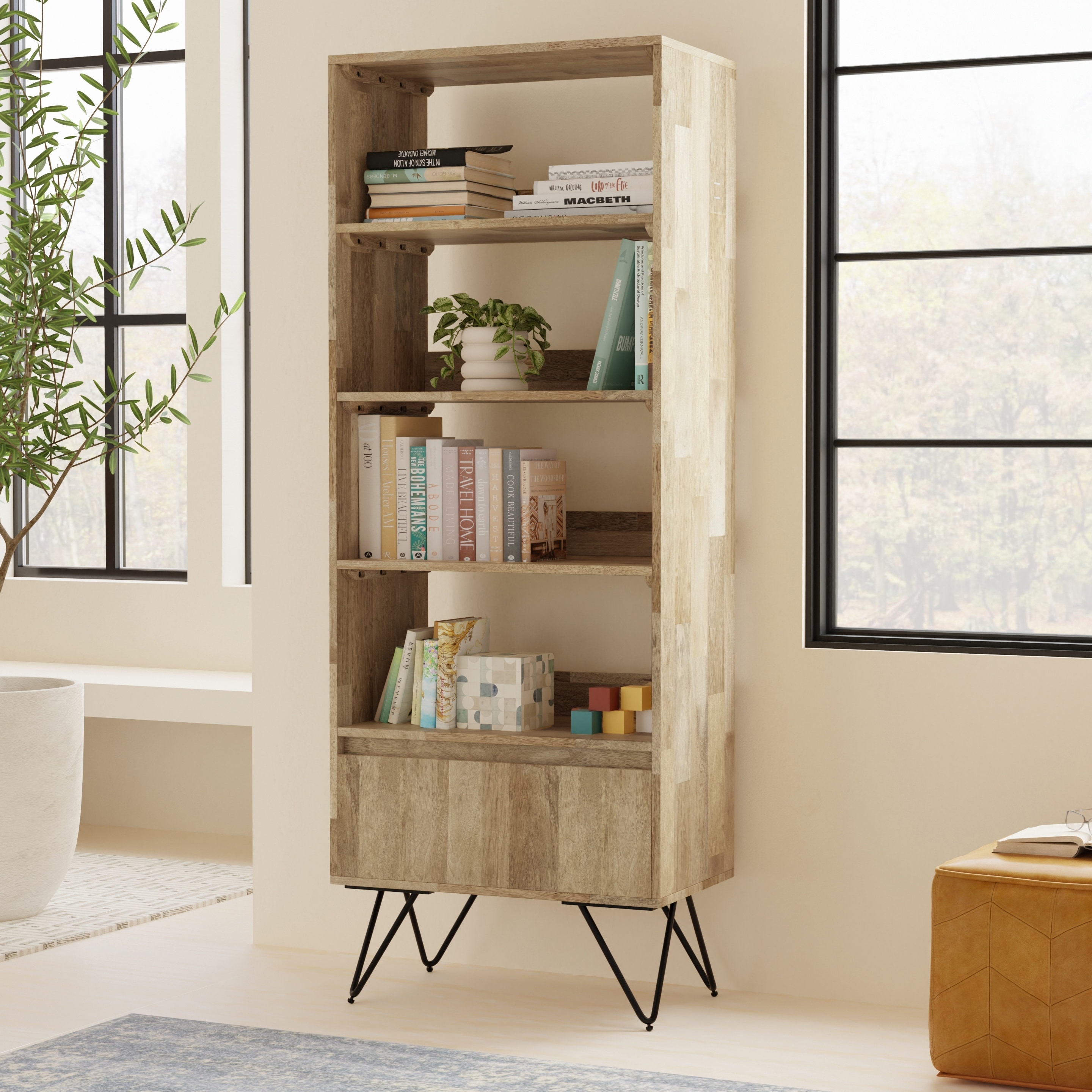 WYNDENHALL Moreno SOLID MANGO WOOD and Metal 64 x 24 inch Rectangle Modern Tall Bookcase in Natural -  14"d x 24"w x 64"h