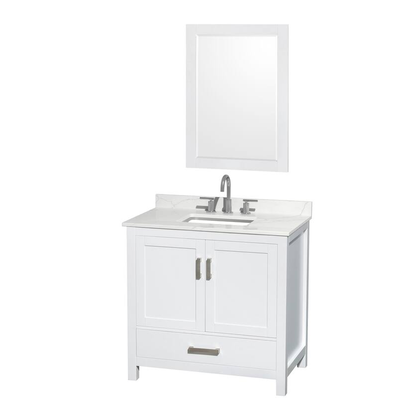 Sheffield 36-inch Single Vanity, 3 Hole Quartz Top, 24-inch Mirror - White, Chrome Trim, Giotto Quartz Top