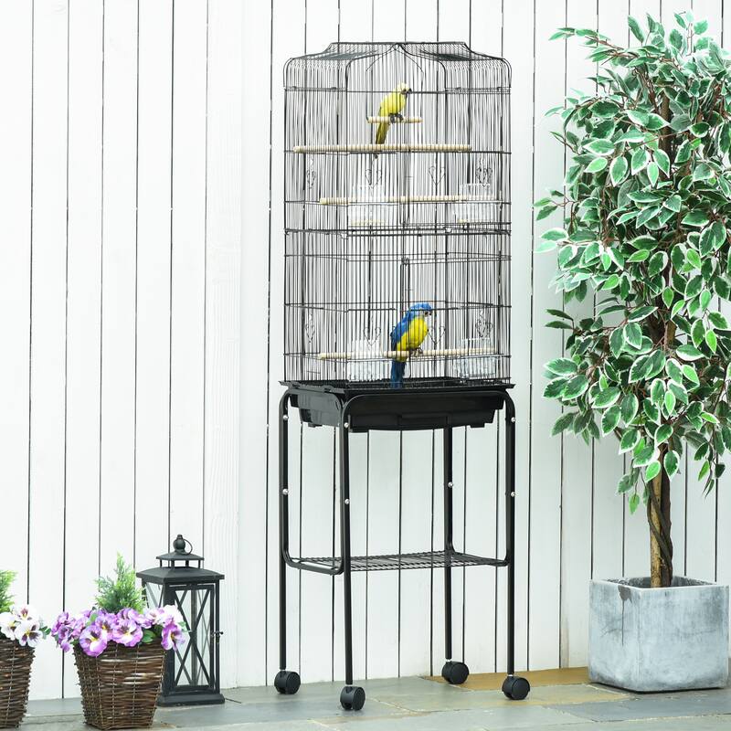 Bird Cage for Small Birds with Wooden Perches and Swing - 18.25" L x 14.25" W x 61.75" H - Black