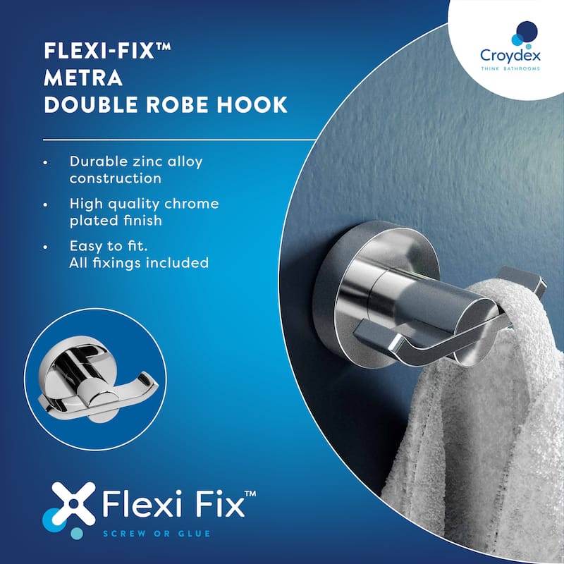 Croydex Metra Flexi-Fix Screw or Glue Double Bath Robe & Towel Hook in Chrome