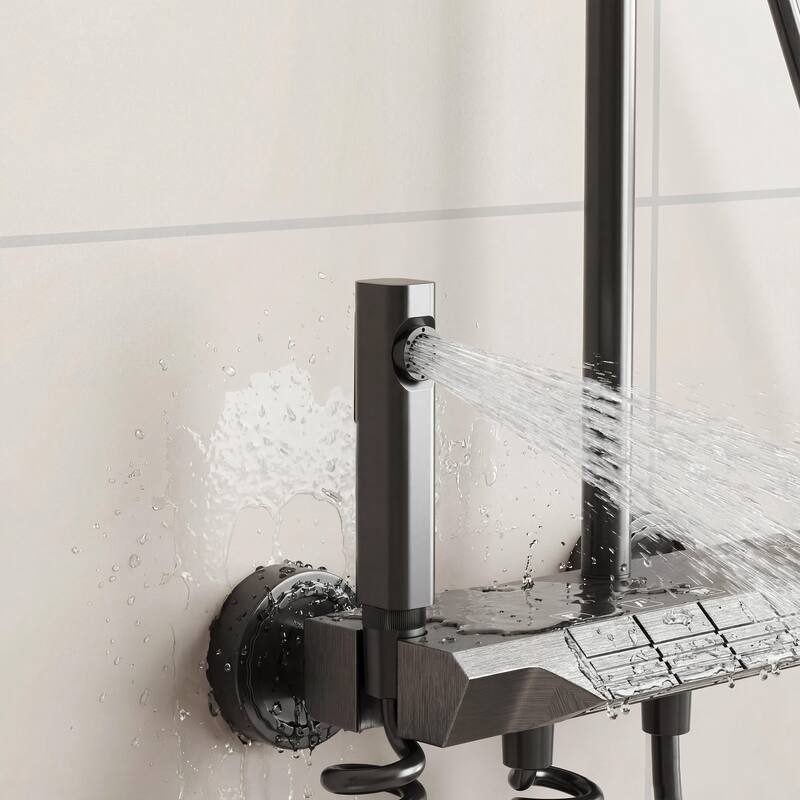 Gunmetal Rainfall Shower System with Handheld Shower 4 Function Shower Faucet Set Wall Mounted Bathroom Shower Column System