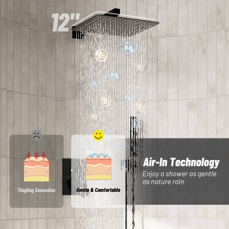 2-Spray Square 12 in. Dual Shower Head Wall Mount Fixed and Handheld Shower Head in Matte Black Valve Included - 12" x 12"