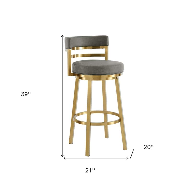 HomeRoots 30" Gray and Gold Faux Leather and Stainless Steel Low Back Bar Height Swivel Bar Chair