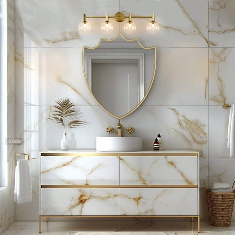 4-Light Brushed Brass Glass Globe Vanity Wall Lamp Bathroom Sconce