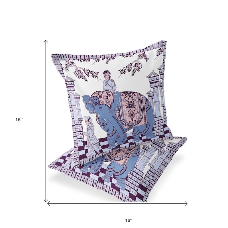 HomeRoots Set of Two 16" X 16" Blue and Purple Elephant Blown Seam Floral Indoor Outdoor Throw Pillow - 16.00' X '16.00' X '5.00