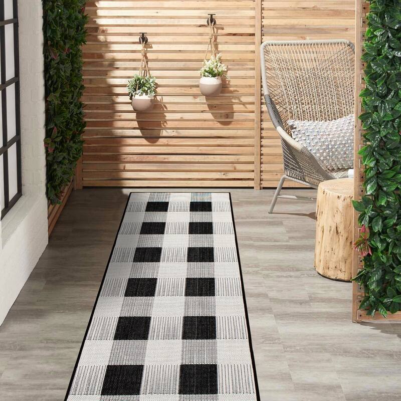Plaid Checkered Indoor/Outdoor Flatweave Waterproof Backyard Patio Area Rug