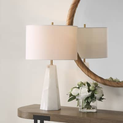 Silver Orchid Hexagon Marble Accent Lamp with Linen Shade and Brass Accents - 14 x in x 14 x in 23