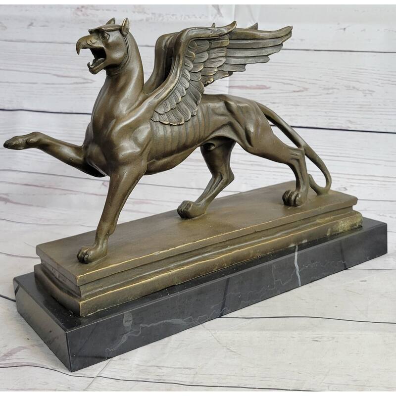 Welsh Dragon Griffin Mythological Creature Bronze Metal Statue Sculpture On Marble Base 9 Inches X 13 Inches