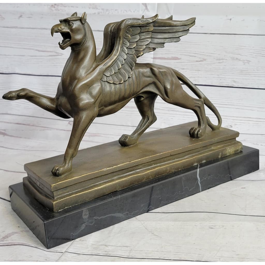 Welsh Dragon Griffin Mythological Creature Bronze Metal Statue Sculpture On Marble Base 9 Inches X 13 Inches