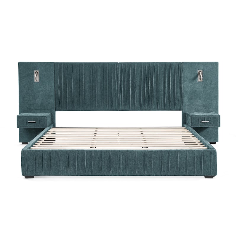 Chenille Upholstered Pleated Platform Bed Frame Wingback Headboard with Side Tables and Adjustable Lamps