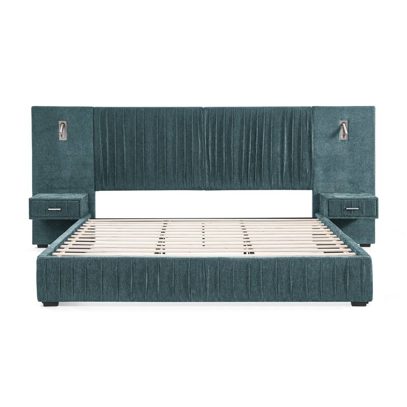 Queen Size Upholstered Platform Bed with Headboard, Integrated Bedside Table, and Adjustable Lamps, Blue-Green