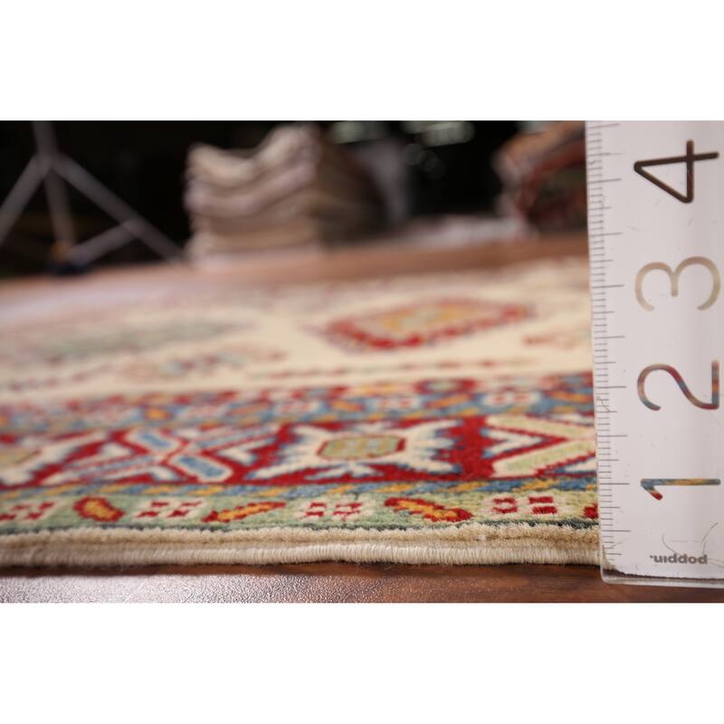 Geometric Beige Kazak Accent Rug Hand-Knotted Wool Carpet - 3'3" x 5'1"