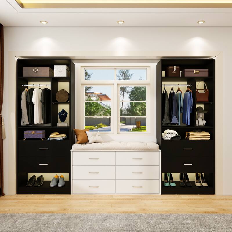 Kyrvo Freestanding 24" Closet System with 2 Wood Drawers,2FT Heavy Duty Walk-in Closet Organizer with 6 Shelves & Hanging Rod