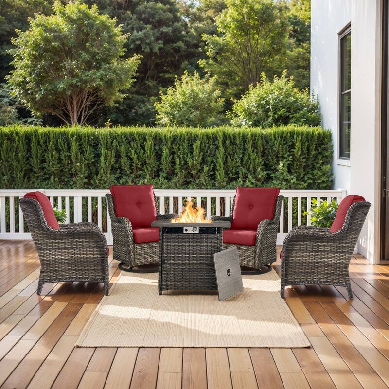 Pocassy Fire Pit Table with Sofa Swivel Chairs Set - Grey Wicker Red Cushion - 7 Pieces Chairs with Fire Table