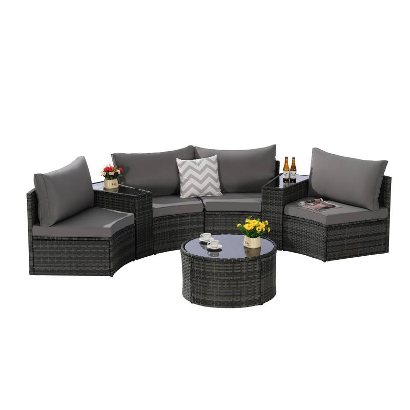7-Piece Outdoor Patio Half-Moon Sectional Sofa Set with Tempered Glass Coffee Table