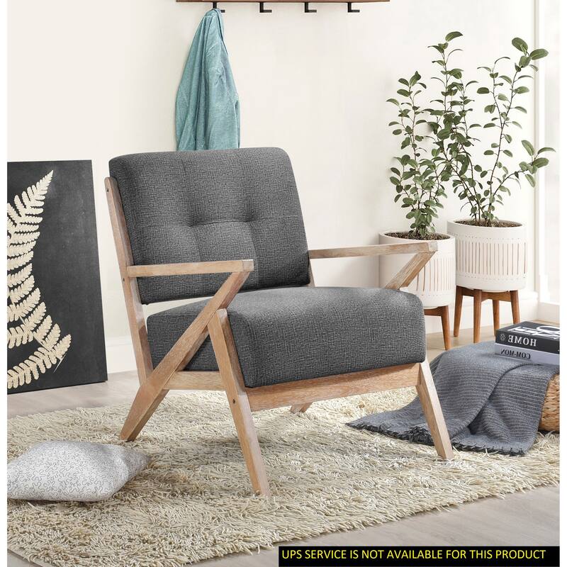 Unique Design Fabric Armchair with Antique Natural Finish and Tufted Back