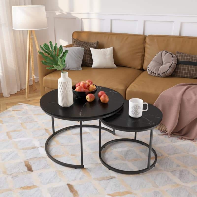 Round Nesting Coffee Table Set of 2 with Marble Pattern Top & Metal Frame - Black
