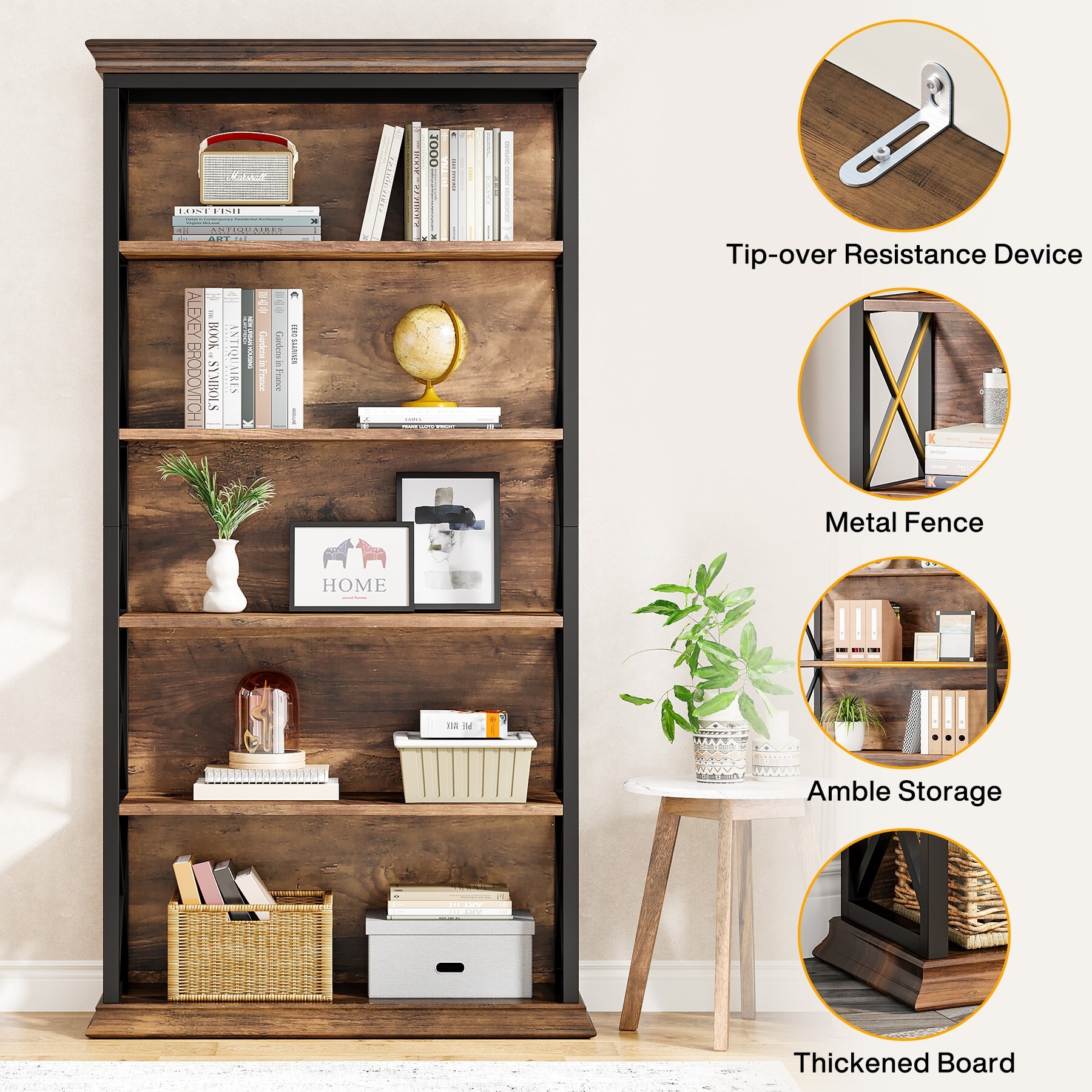 71 Inches Industrial Bookshelf, 6-Tier Bookcase Bookshelves