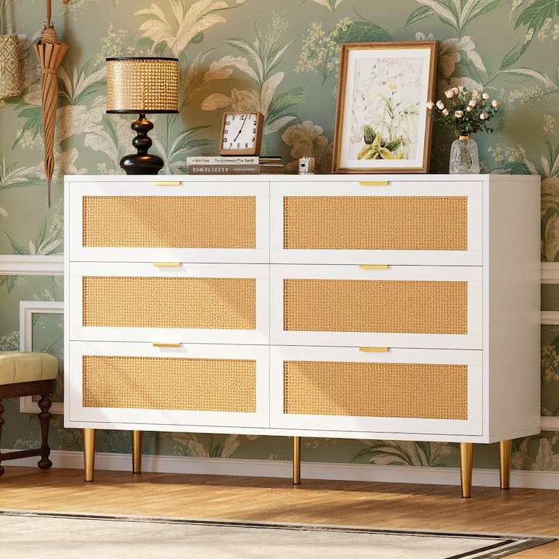 6 Drawers Tall Rattan Dresser, with Metal Legs and Handles
